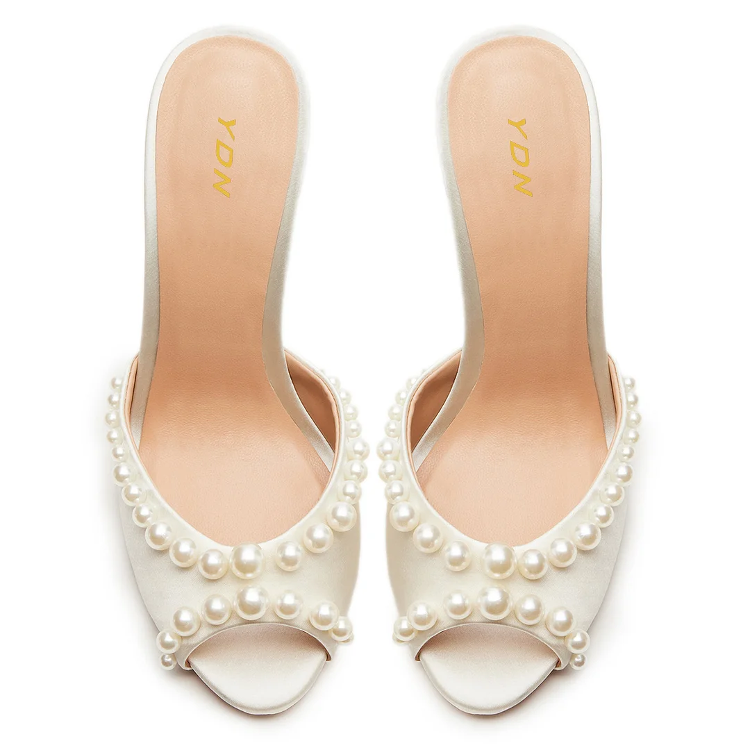 Satin Pearl Embellished Band Ivory Bridal Mules with Stiletto Heel