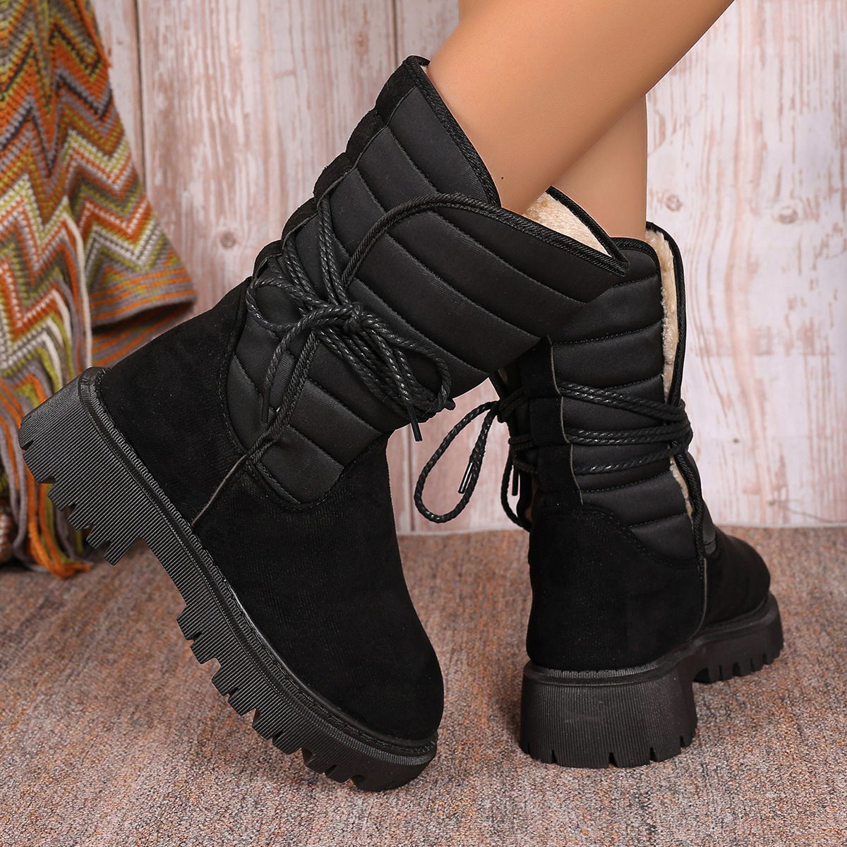 Mature Women New Chunky Heel Mid-tube Snow Boots Winter Warm Fleece Boot