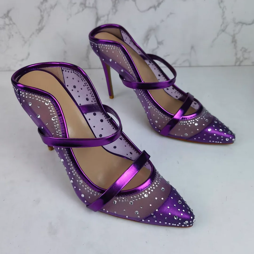 Women's 110mm High Heel Elegant Pointed Toe Rhinestones Slingback Sandals Shoes
