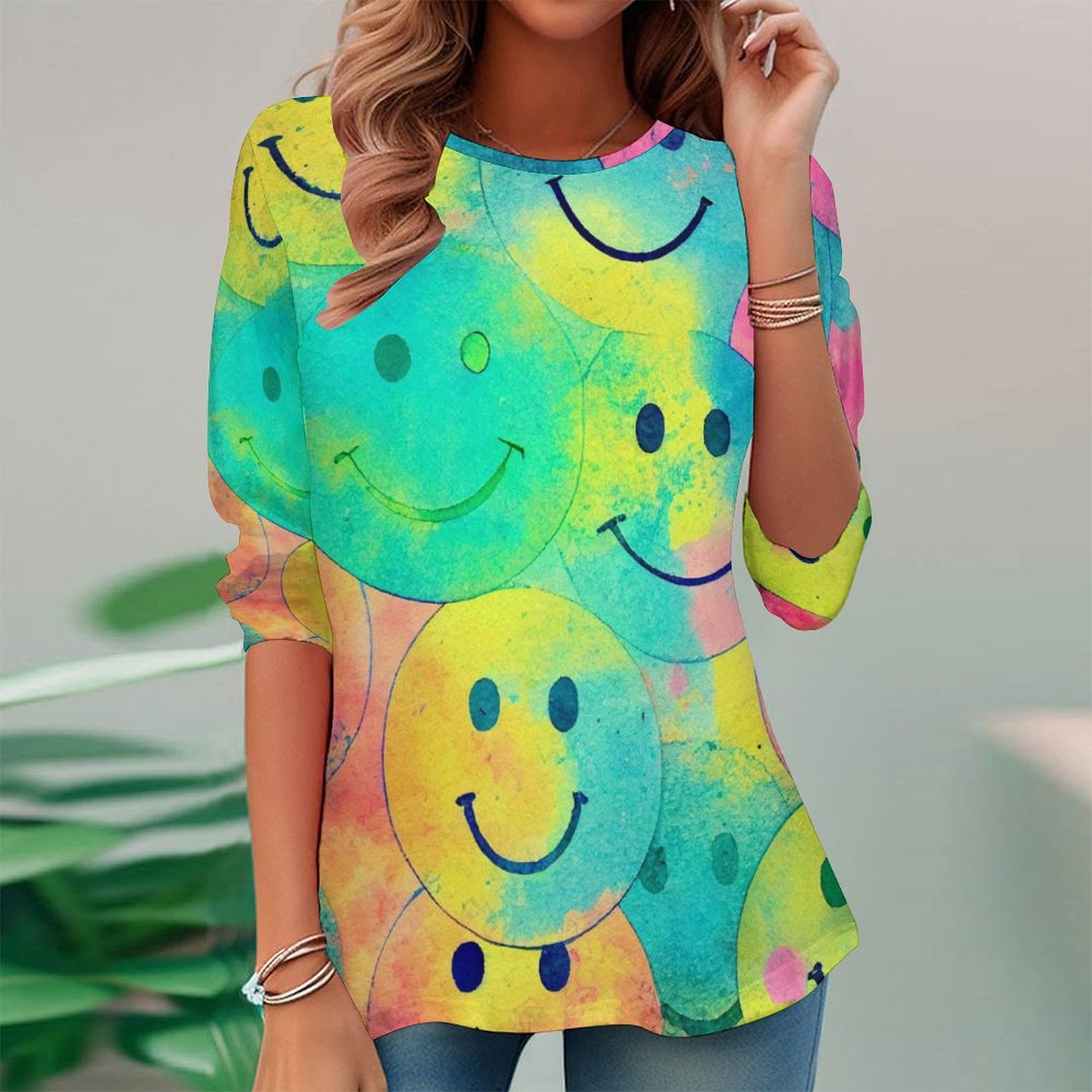 Women Long Sleeve V-neck Graphic Floral Printed Top