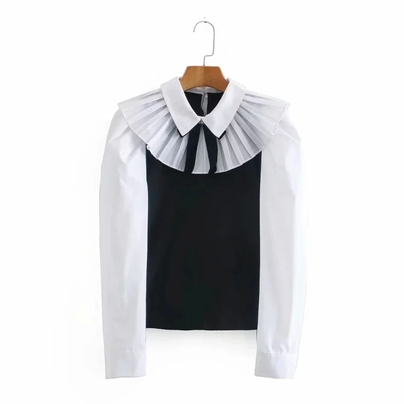 2021 New Spring Women Bow Tie Black White Splicing Blouse Female Nine Quarter Sleeve Shirt Casual Lady Loose Tops Blusas S8357