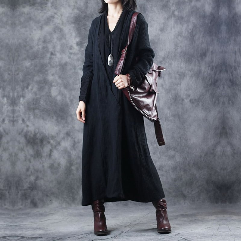 Boho Black V Neck Patchwork Pockets Fall Dresses Long Sleeve CK485- Fabulory