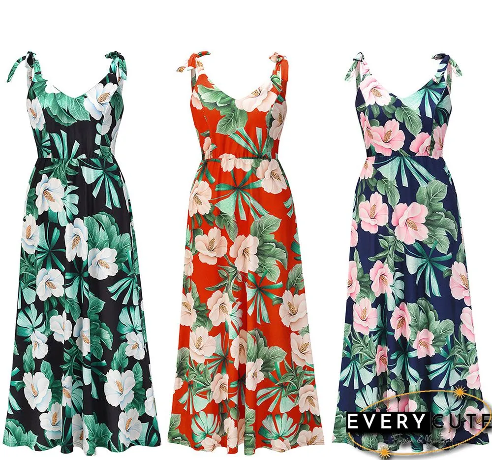 Adjustable Spaghetti Strap Floral V Neck Maxi Dress
