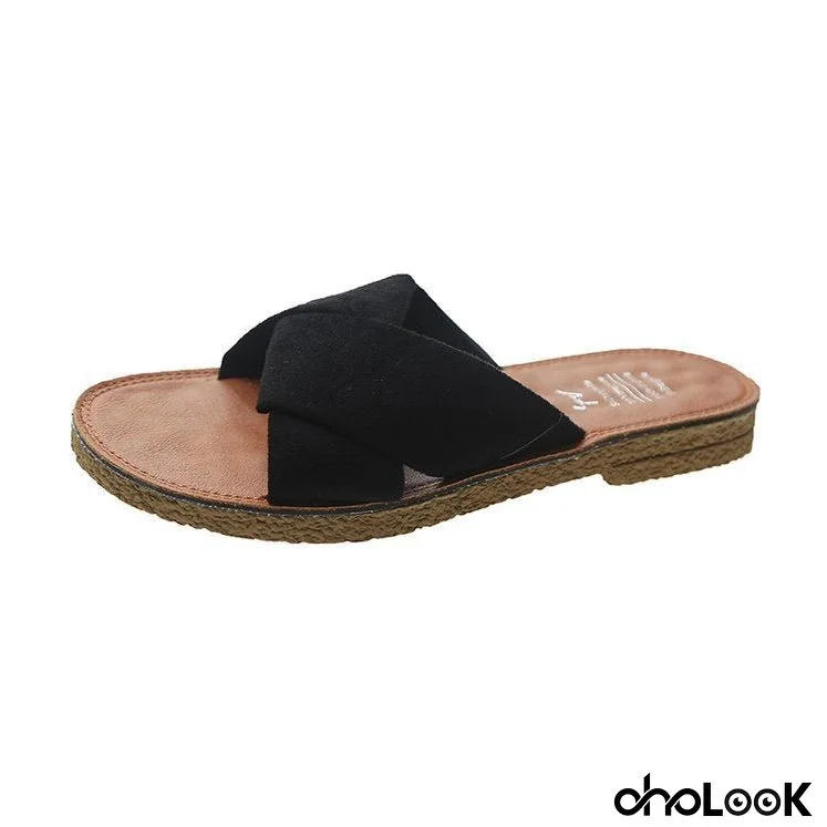 Summer Outerwear Flat Bottomed Cross Over Women's Slippers with One Line Suede Surface