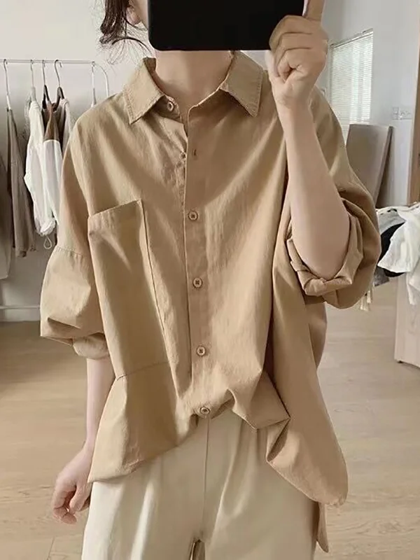 Casual Long Sleeves Loose Buttoned Solid Color Lapel Collar Blouses&Shirts Tops