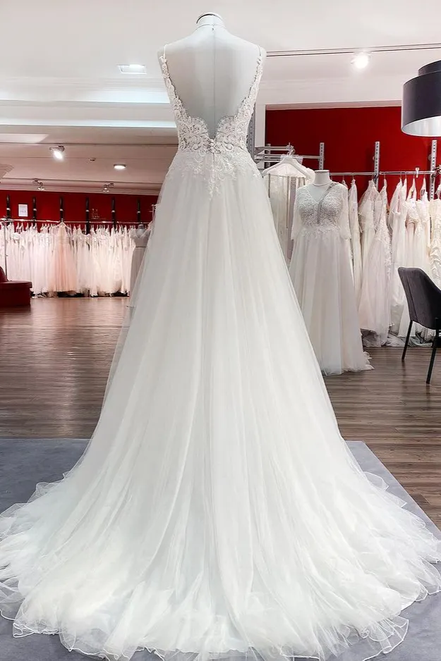 Elegant Long A-line V Neck Sleeveless Ruffles Backless Wedding Dress