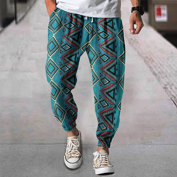 Men's Linen Western Ethnic Irregular Print Loose Casual Pencil Pants 51cb