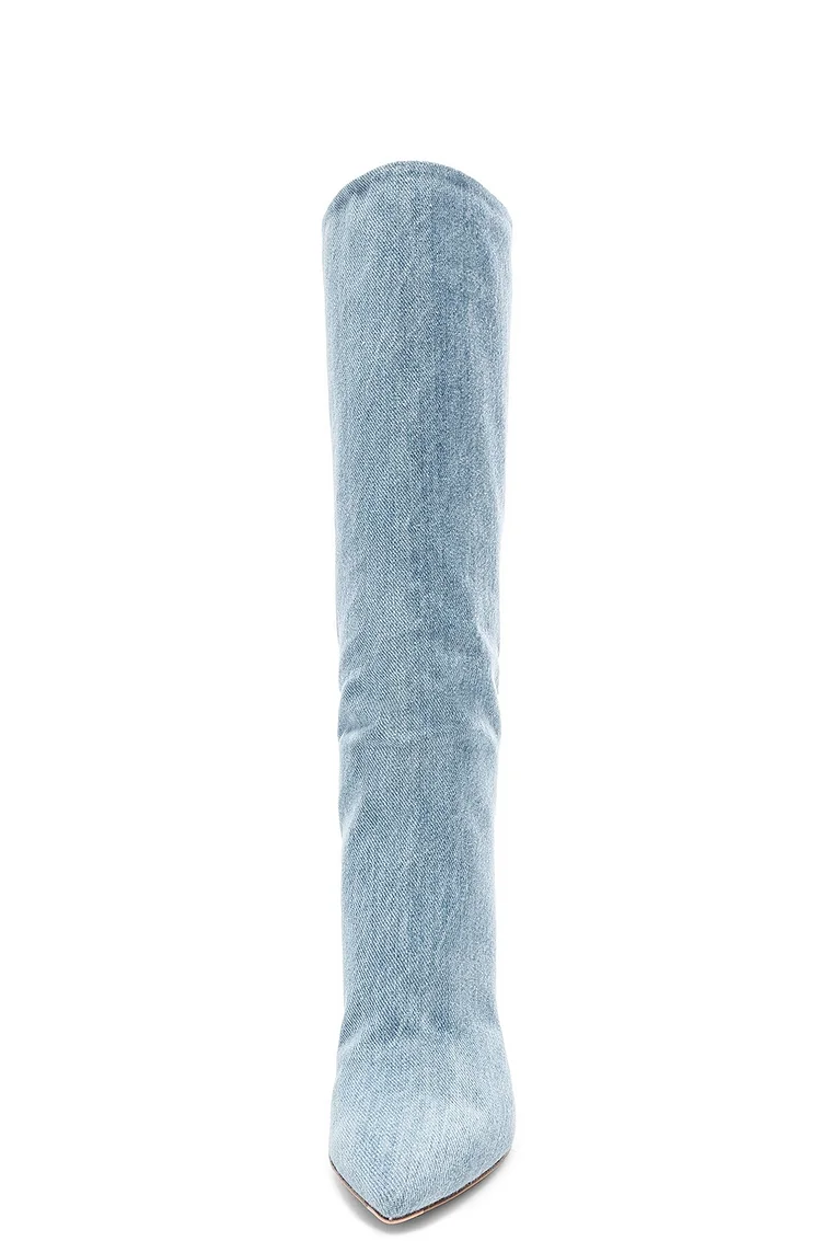 Light Blue Denim Boots Stiletto Heel Knee High Boots |FSJ Shoes