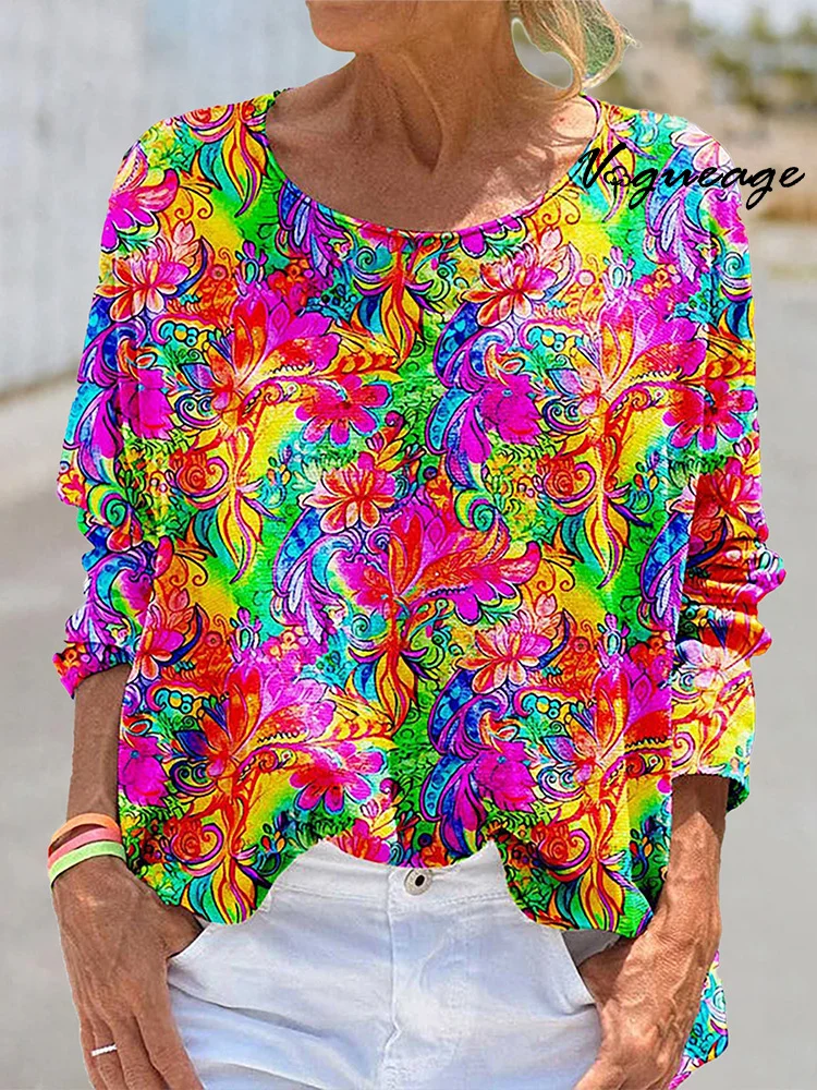 Bohemian Colorful Bright Floral Print Round Neck Loose Long Sleeve T-Shirt