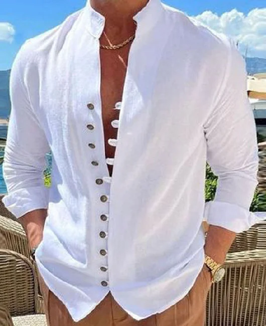 Casual Plain Stand Collar Long Sleeve Button Shirt 
