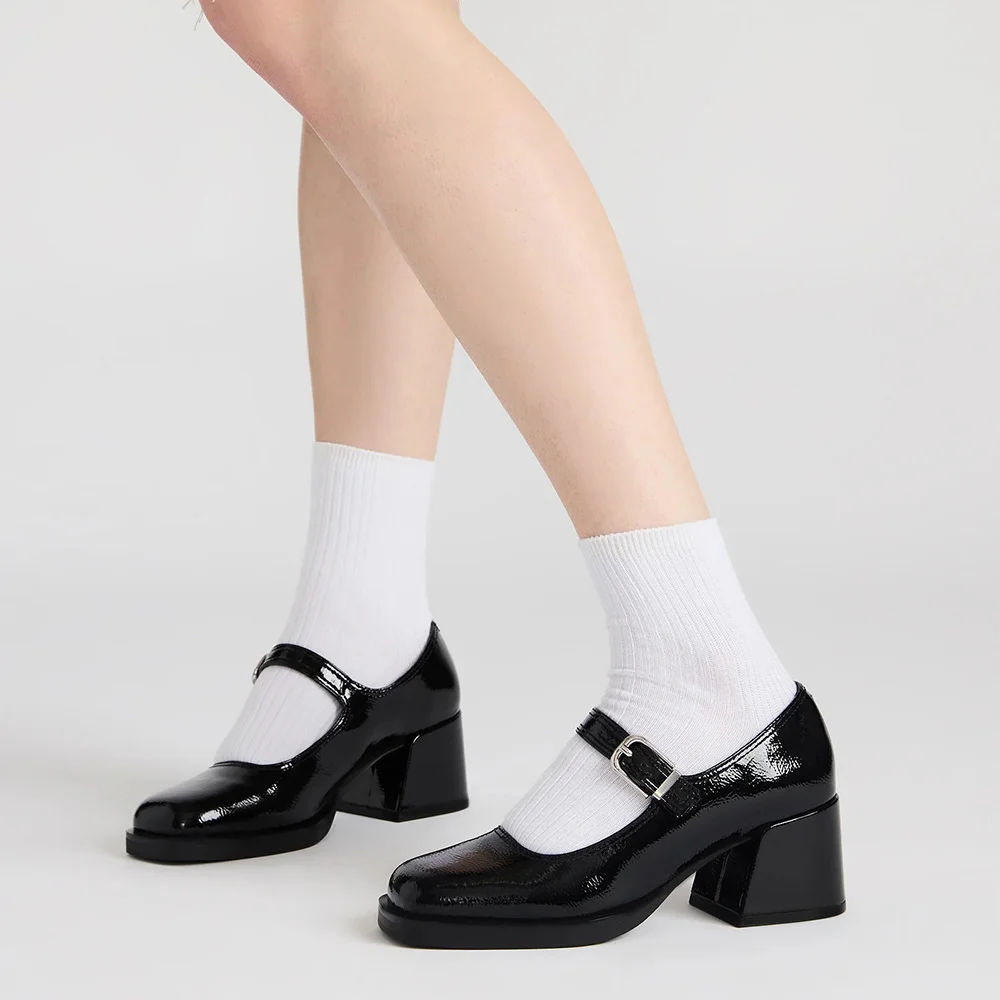 Black Square Toe Block Heel Platform Mary Jane Shoes for Women