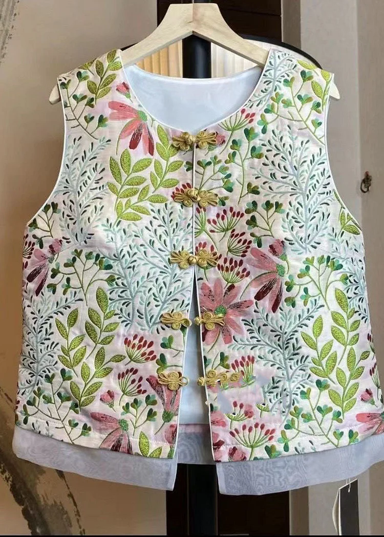 Chinese Style Pink O Neck Embroideried Patchwork Silk Vest Sleeveless