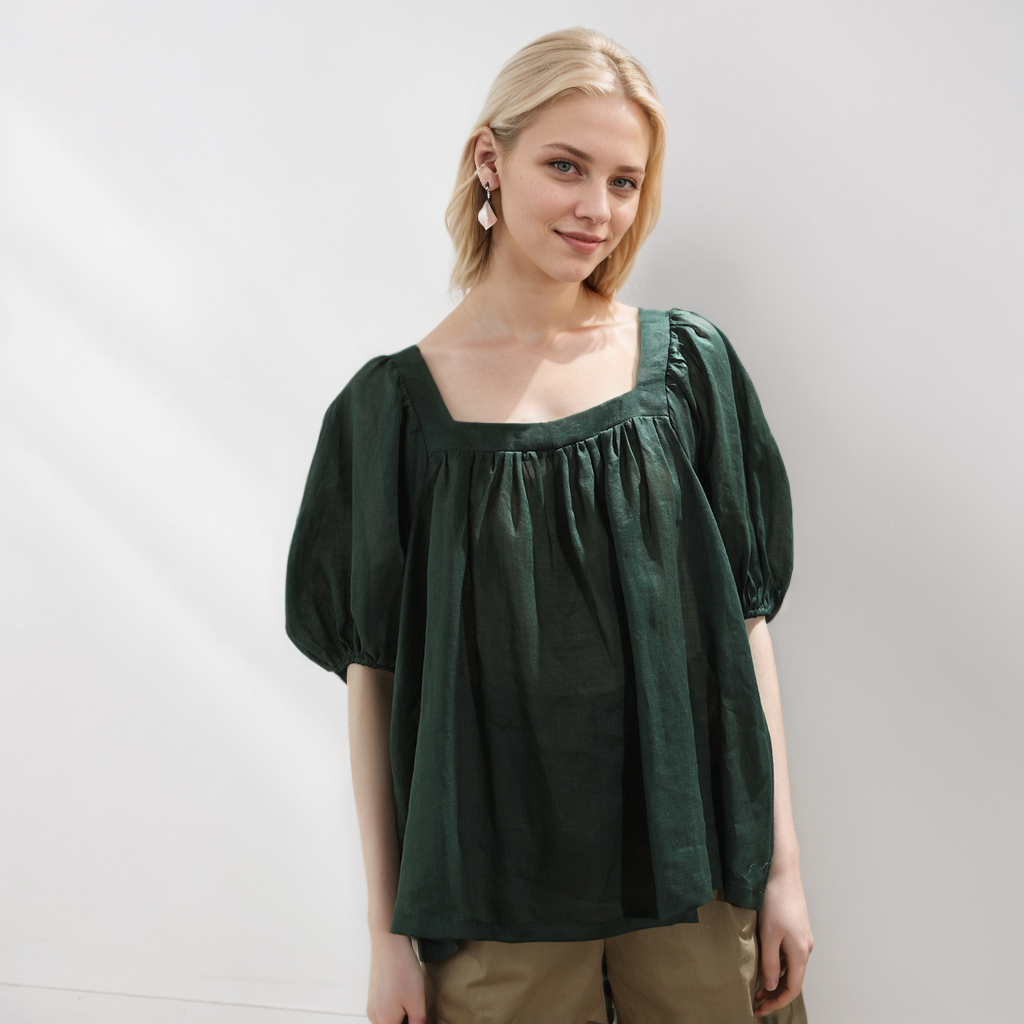 Ramie Square Neck Shirt Solid Color Loose Bubble Sleeves REAL SILK LIFE
