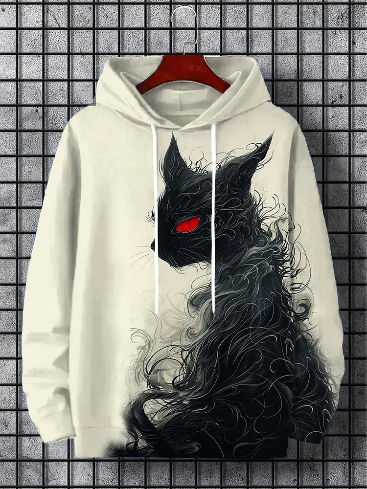 Men's Mysterious Red Eyed Cat Art Print Casual Hoodie