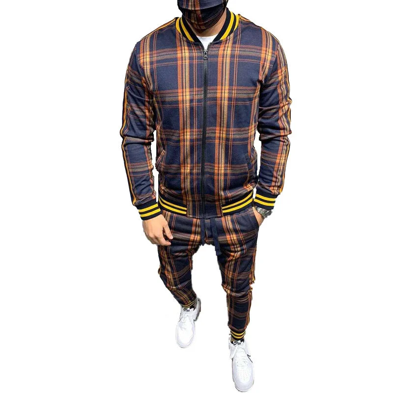 Men's Plaid Cardigan Jacket Trousers Sports Suit