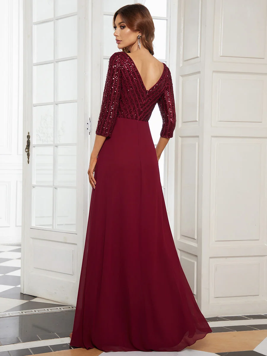 Sexy V Neck A-Line Sequin Wholesale Evening Dresses With 3/4 Sleeve