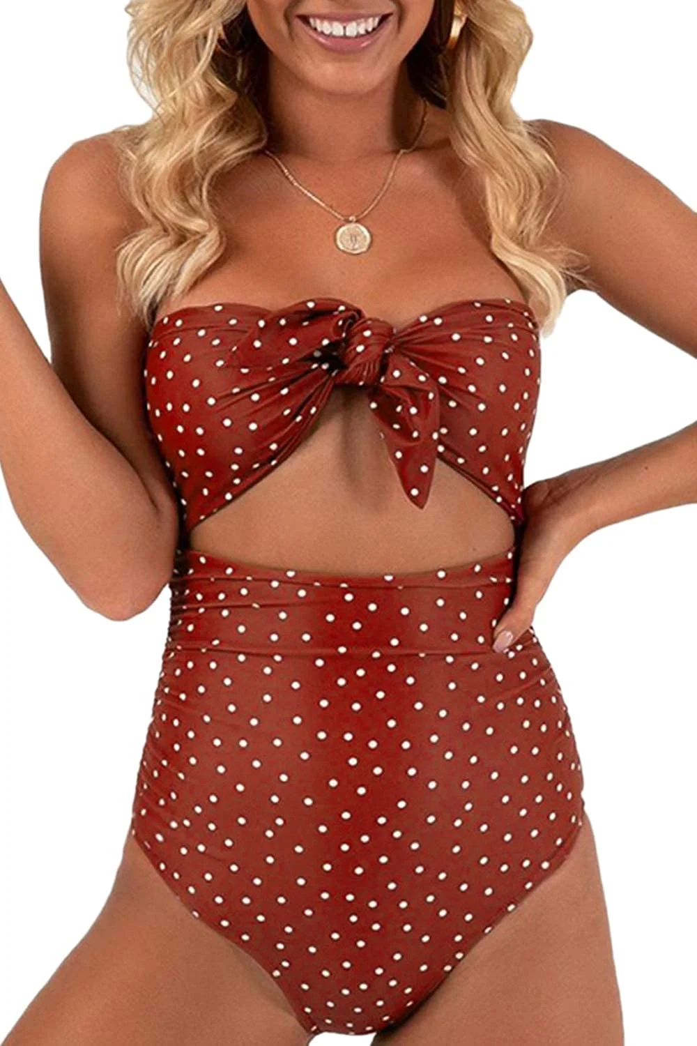 Womens Sexy Strapless Tie Knot Front High Waist One Piece Swimsuit
