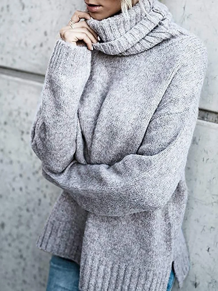 Women's Solid Color Turtle Neck Irregular Hem Long Sleeve Top