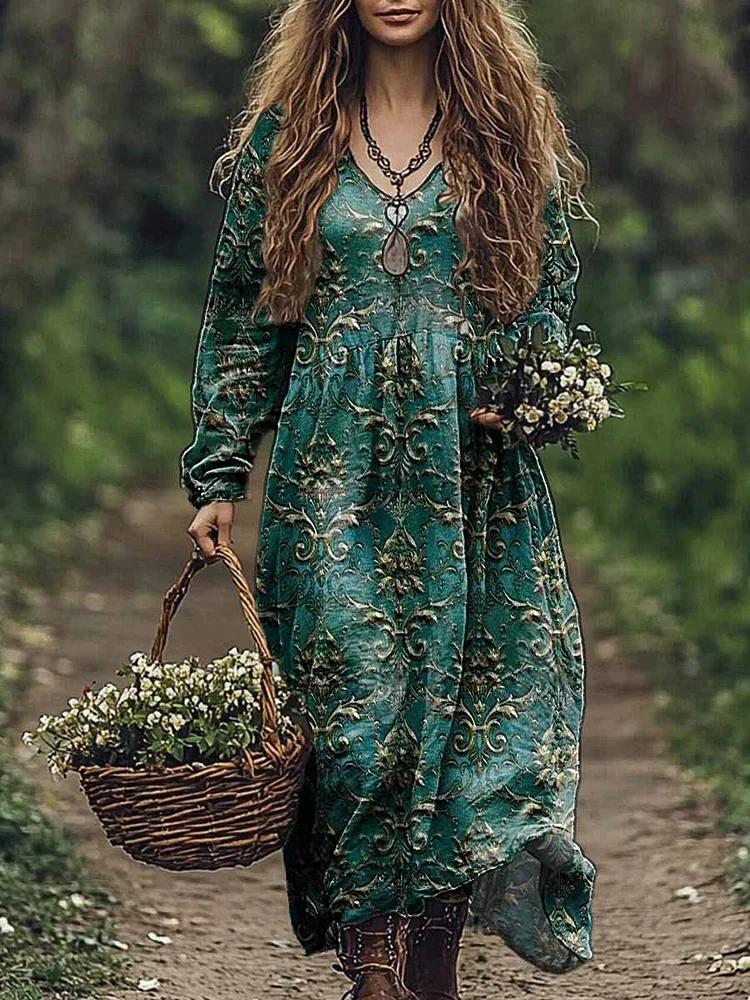 Women's Bohemian Pattern Print V Neck Pocket Cotton Dress