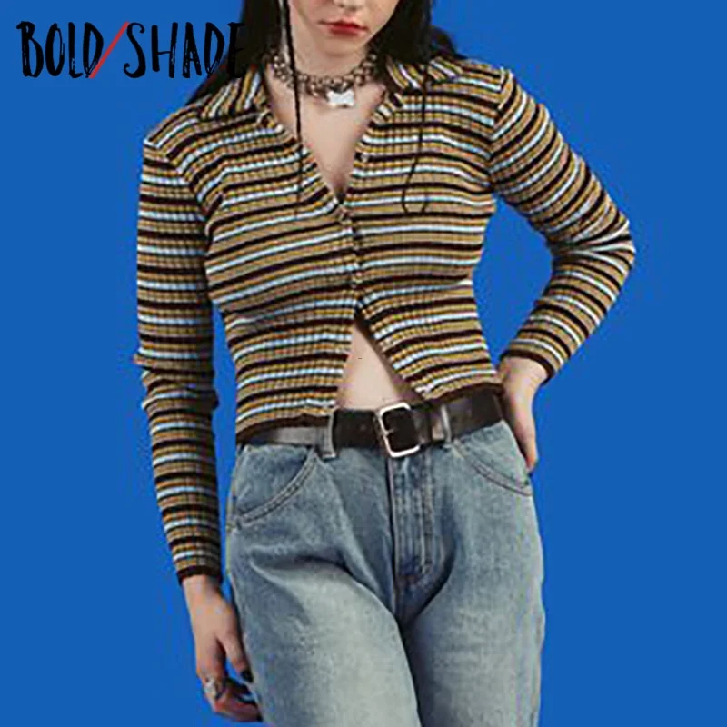 Bold Shade 90s Vintage Fashion Cardigans Striped Button Turn-down Collar Crop Sweater Teen Style Fall Aesthetic Women Sweaters