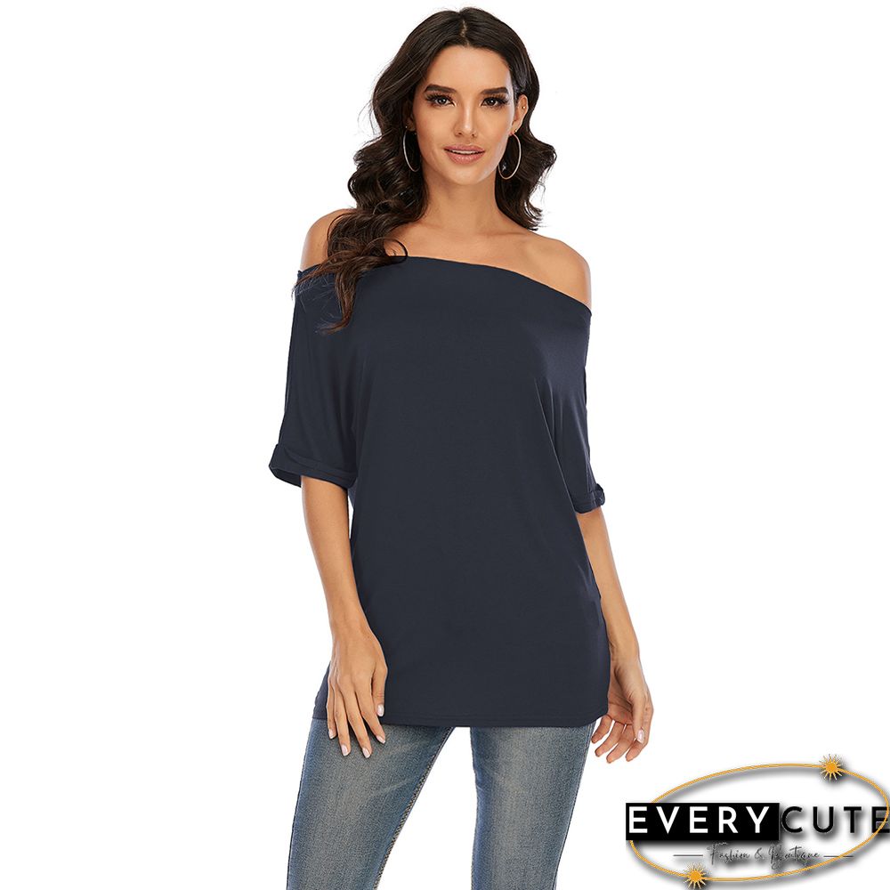 Navy Blue Cotton Blend Off Shoulder Tops