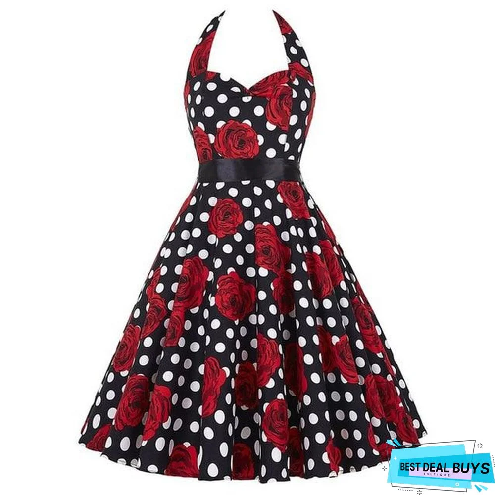 Sexy Halter Party Dress Retro Polka Dot Vintage Dresses Elegant Midi Dress