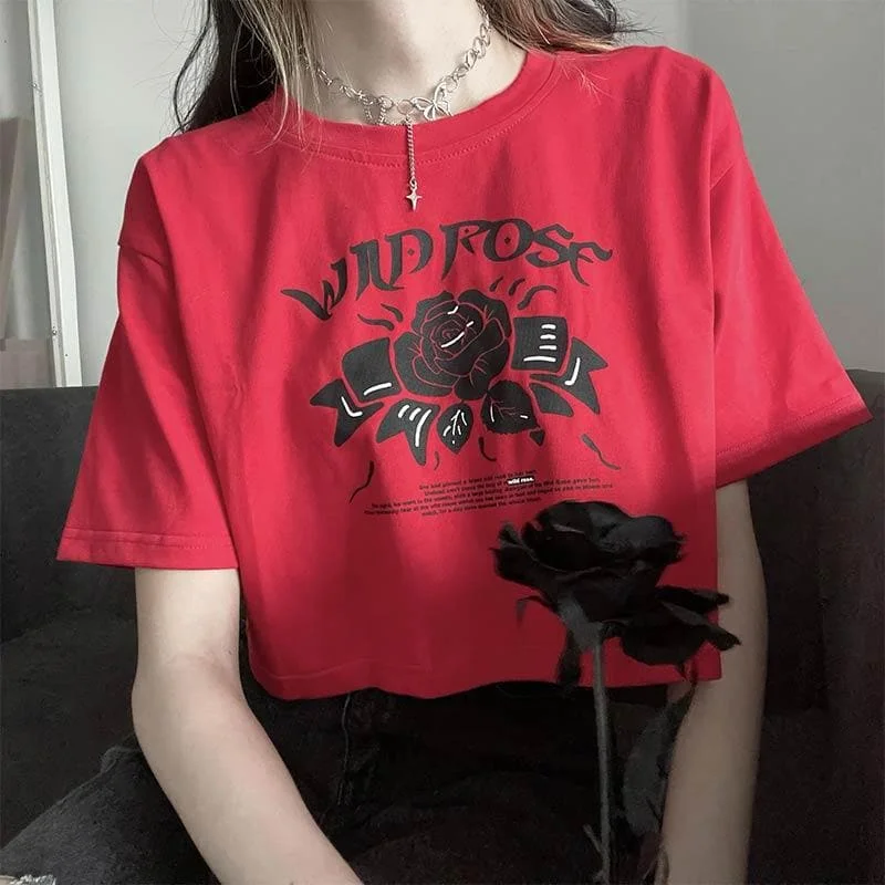 Red Harajuku Vintage Rose Print Cotton Crop T-Shirt SS1199