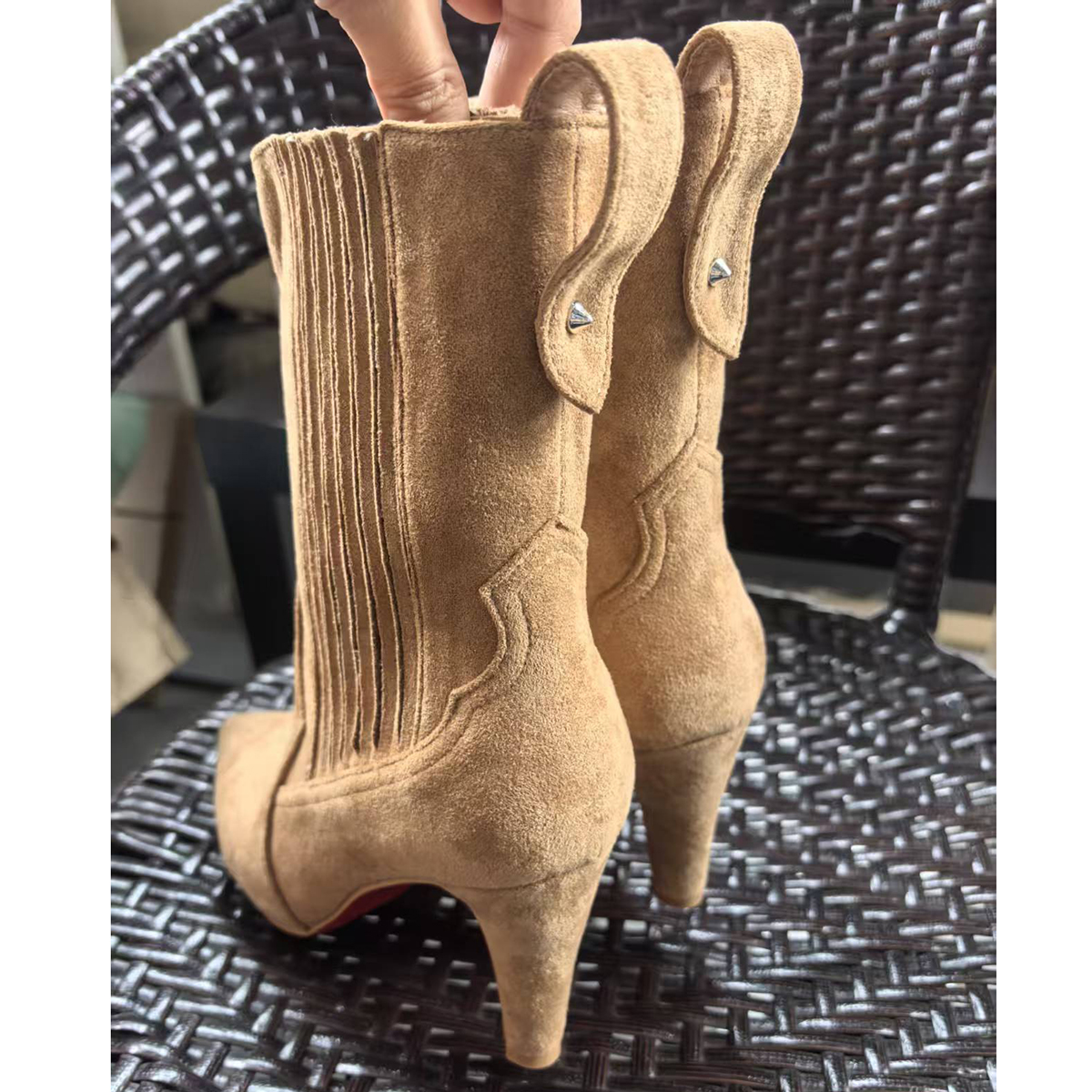 80mm Women's Heels Boots Red Bottom Khaki Suede Ankle Boots-MERUMOTE