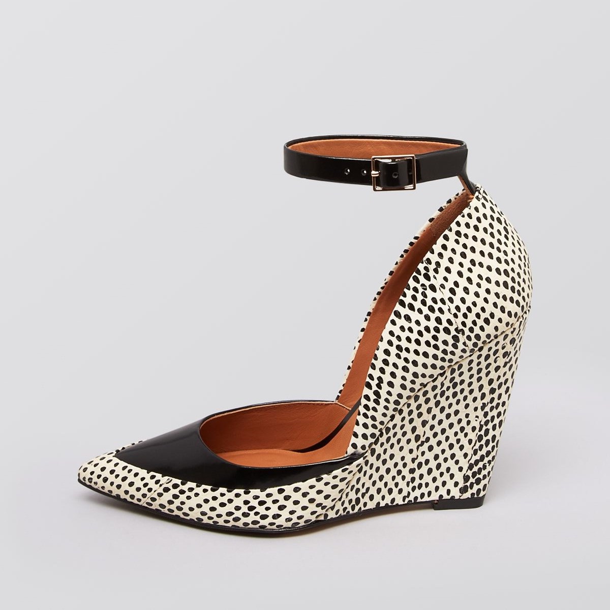 White & Black Pointed Toe Ankle Strap Dots Print Wedge Pumps