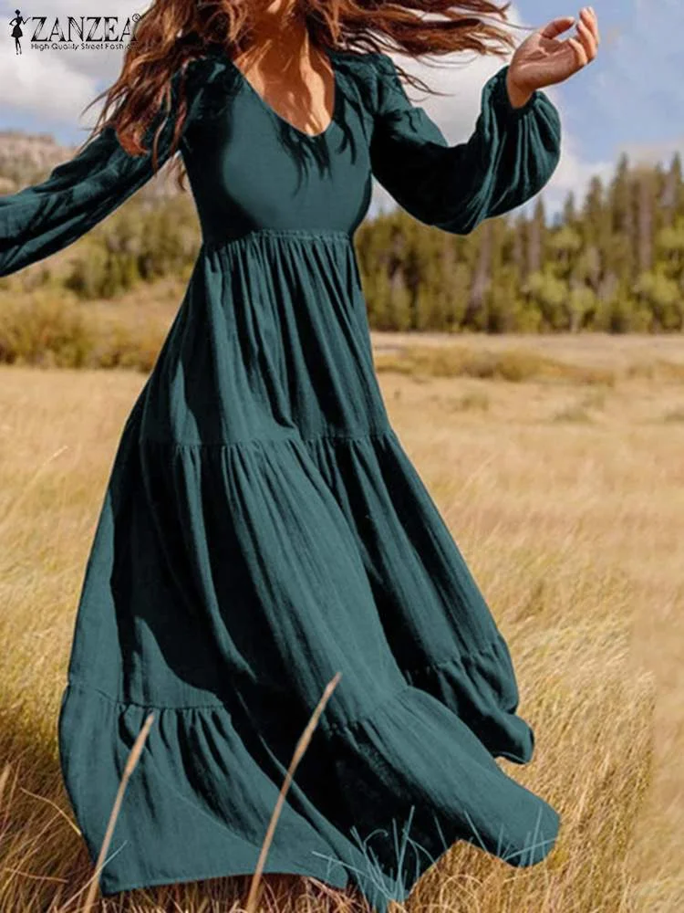 Elegant Dresses for Women Bohemian Ruffle Maxi Vestido 2022 Puff Sleeve Dating Sundress Oversize Casual Solid Sexy V Neck Robe 1