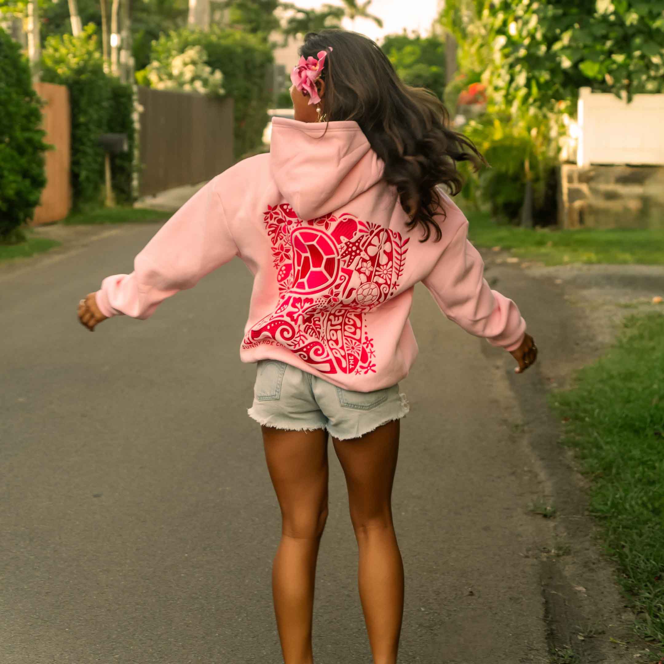 Women's Vintage Sea Turtle Protect The Locals Shell-Pink Oversized Long Sleeve Hoodie