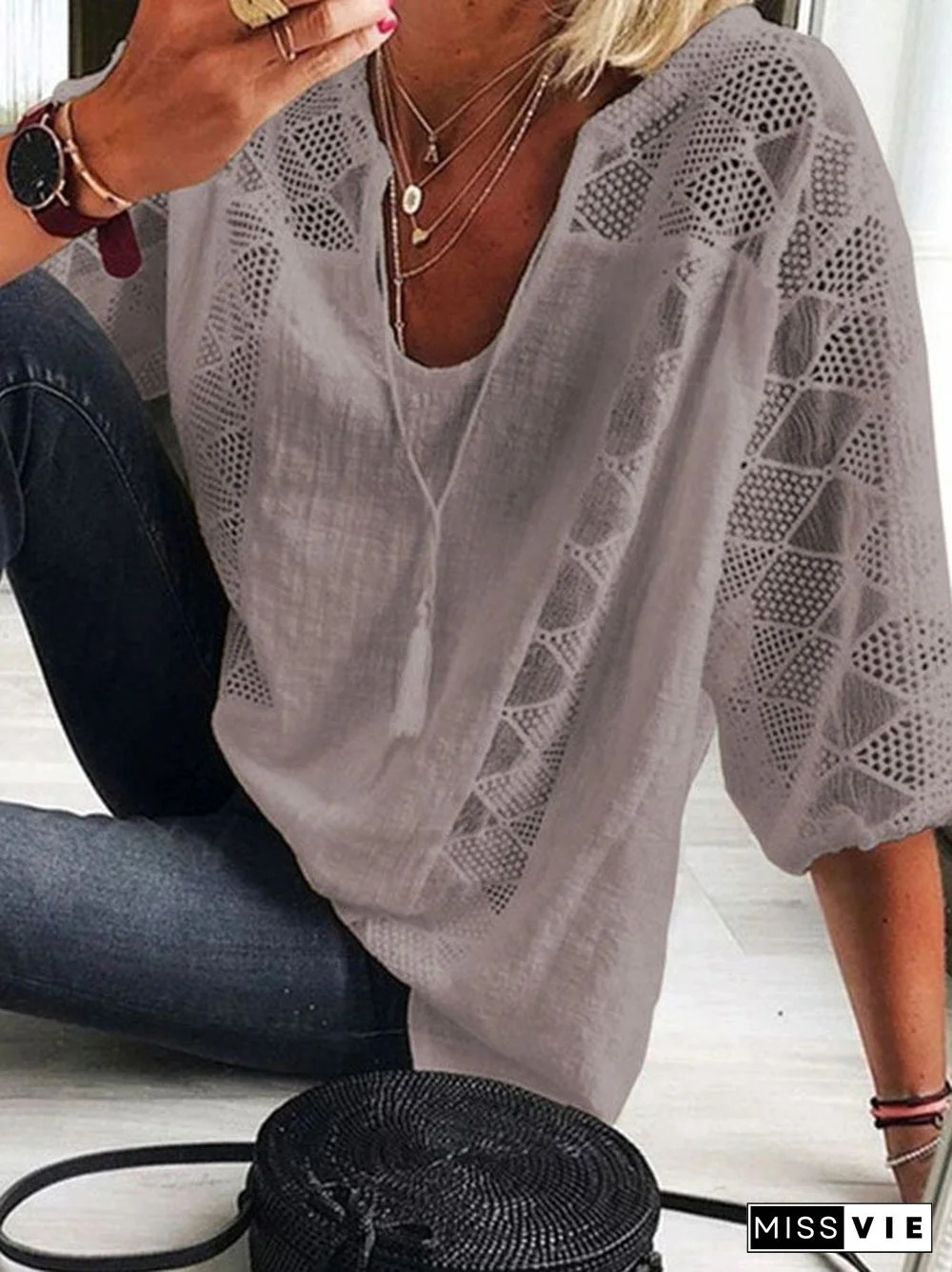 Loose Solid Color Pullover V-Neck Shirt