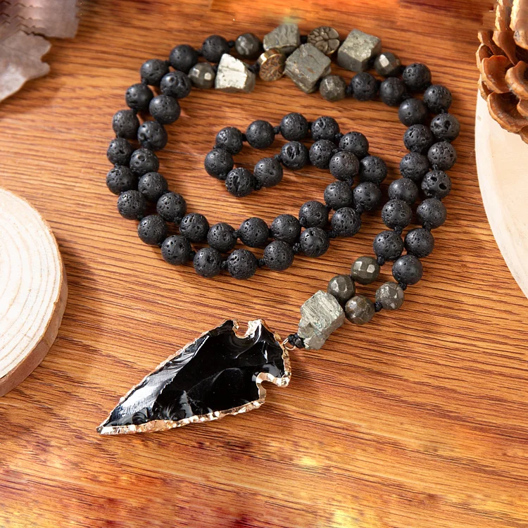 Obsidian Lava Stone Arrow Pendant Mala Necklace