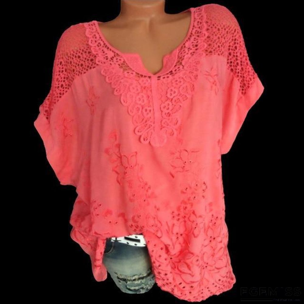 Large Size Women Short-sleeved Blouse V-neck Bat Sleeve Lace Blouse Tops | EGEMISS