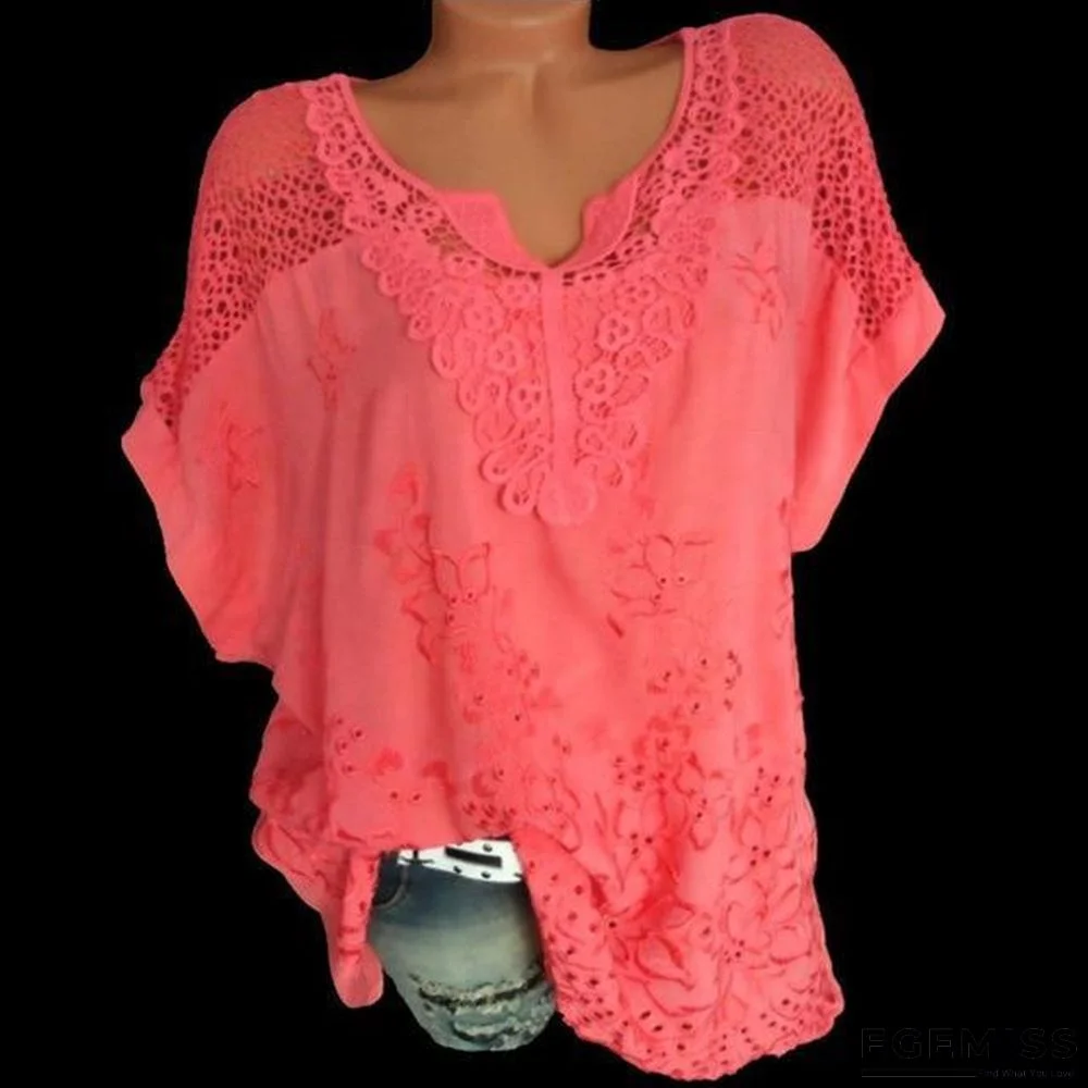 Large Size Women Short-sleeved Blouse V-neck Bat Sleeve Lace Blouse Tops | EGEMISS