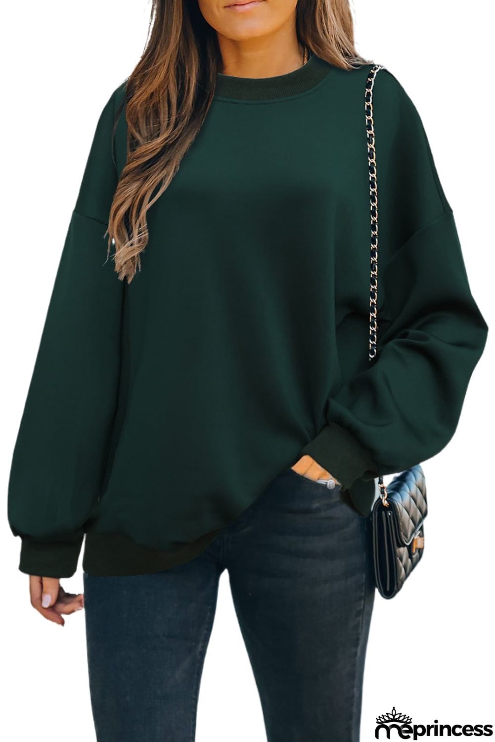 Plain Drop-shoulder Pullover Sweatshirt /Black/Green