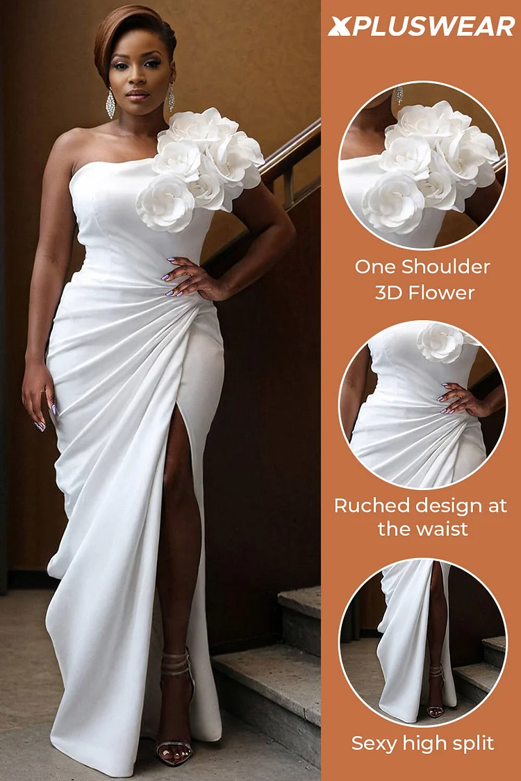 Xpluswear Design Plus Size Wedding White Elegant One Shoulder Strappy 3D  Maxi Dresses - Xpluswear.com