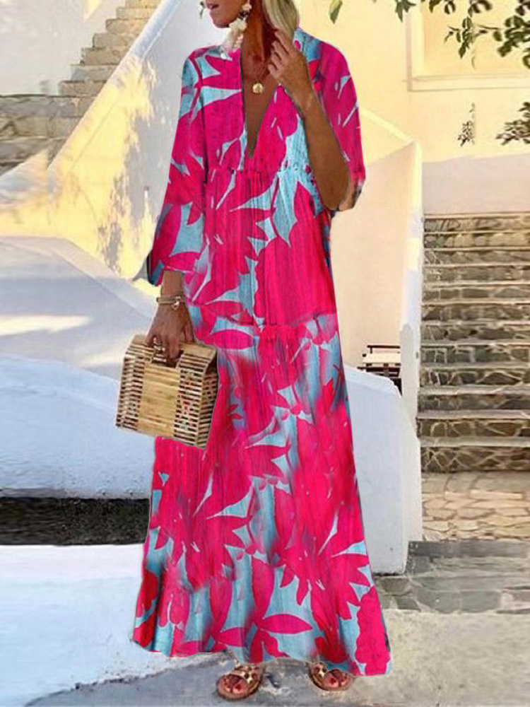 Fashion Casual High Waist Printed Trumpet Sleeve V-neck Swing Maxi Dress