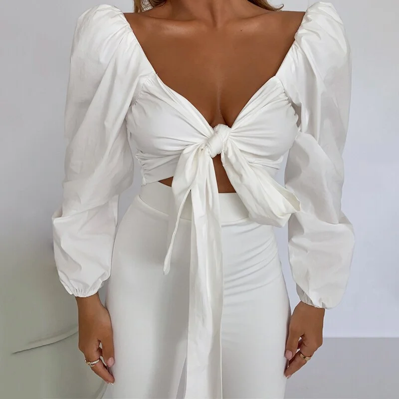 Hugcitar Women Solid Long Loose Flare Sleeve Drawstring Multiple Ways To Wear Crop Top 2021 Fall Streetwear Outfit Fashion Y2K