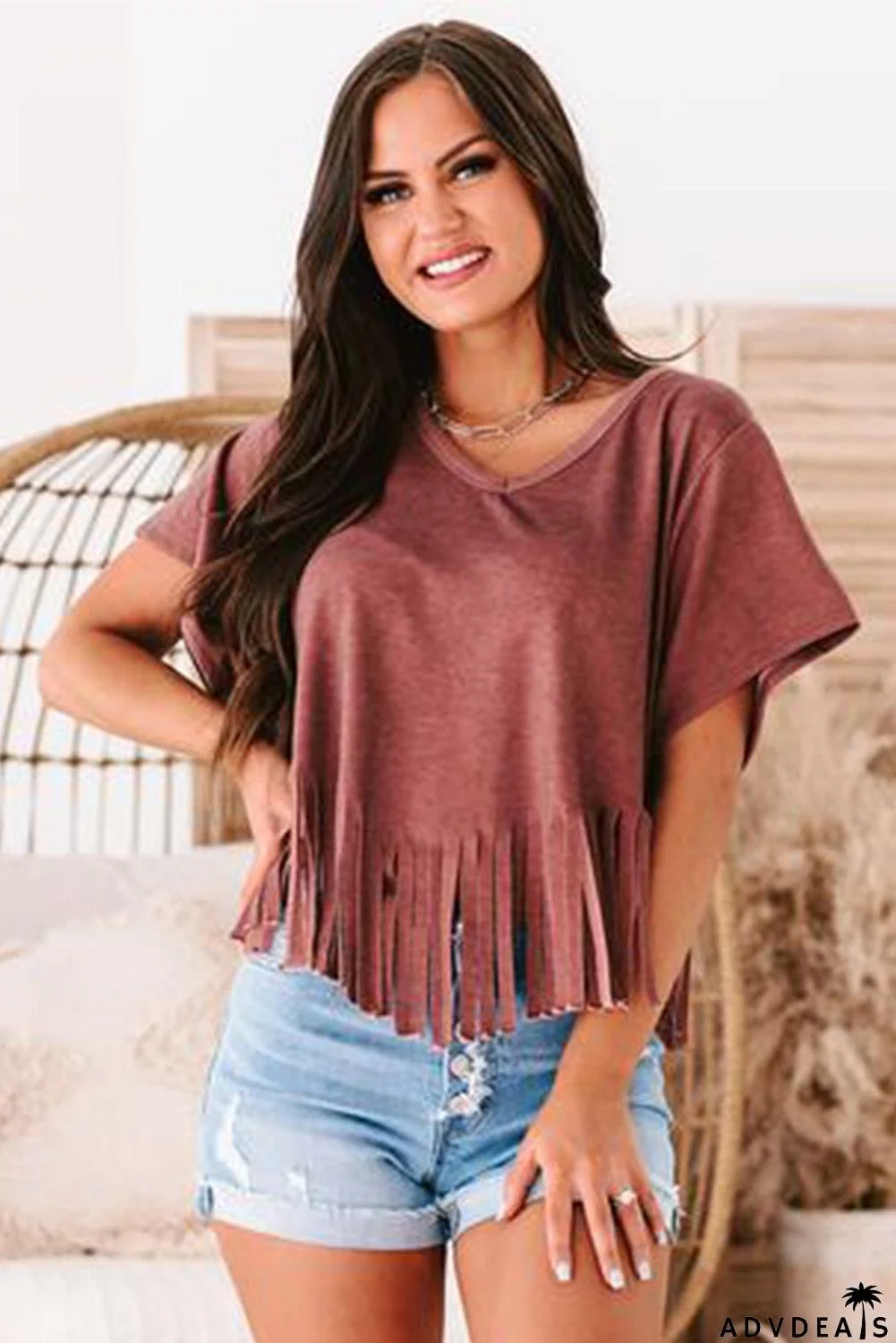 Fringe Hem V Neck T Shirt