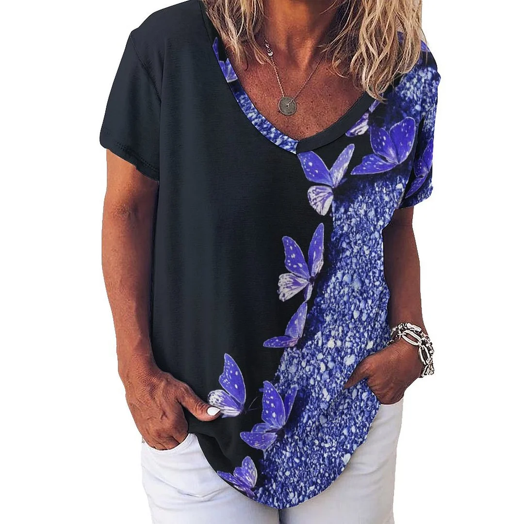V-neck Short Sleeve Casual T-shirt for  Women Printed with Pattern Purple, Butterfly, Glitter