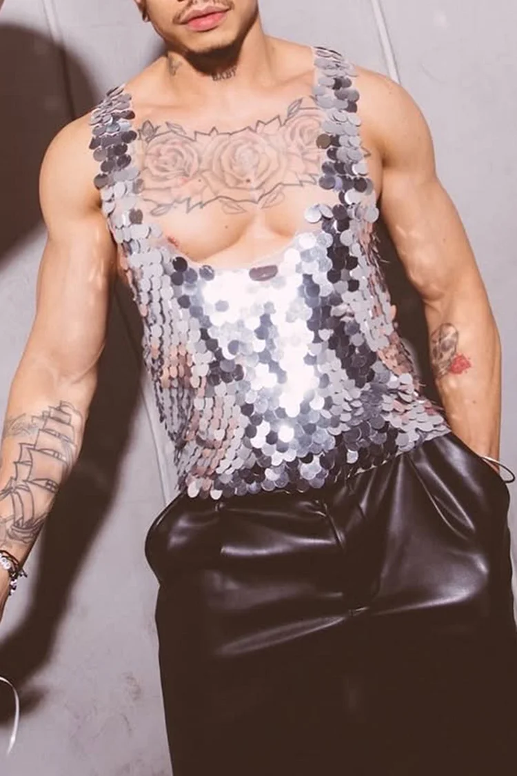 Men's Disco Sequin Plunge Neck Silver Festival Tank Top