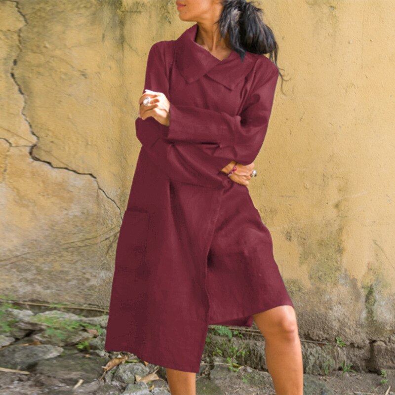 Loose Oversize Cotton and linen Women Robe Dress Elegant Solid Turn-down Collar Shirt Dress Vintage Irregular Casual Beach Dress