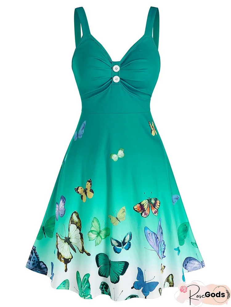 Ombre Color Butterfly Print Ruched Dress Casual Sleeveless V Neck Sling Mini Dress Ruched Dress Women Summer Sexy Dress