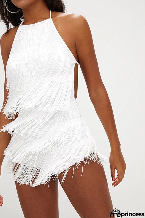 Halter Neck Open Back Tassel Hem Romper