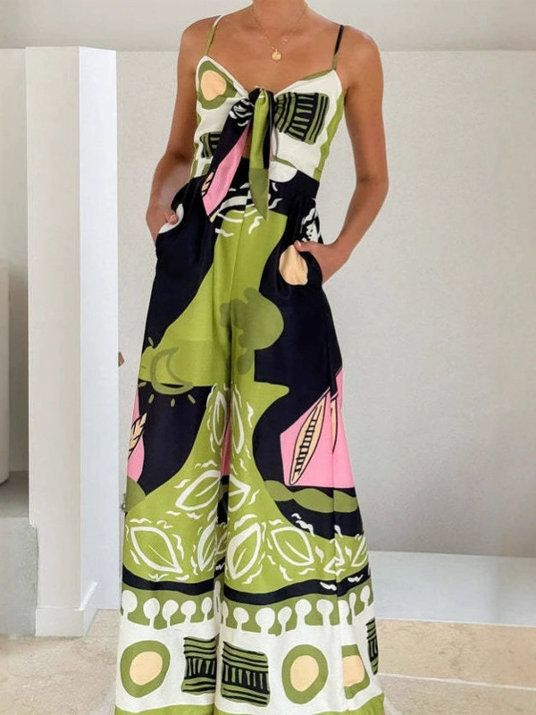 Thin Shoulder Strap Print Tie Wide Leg Side Pockets Jumpsuit