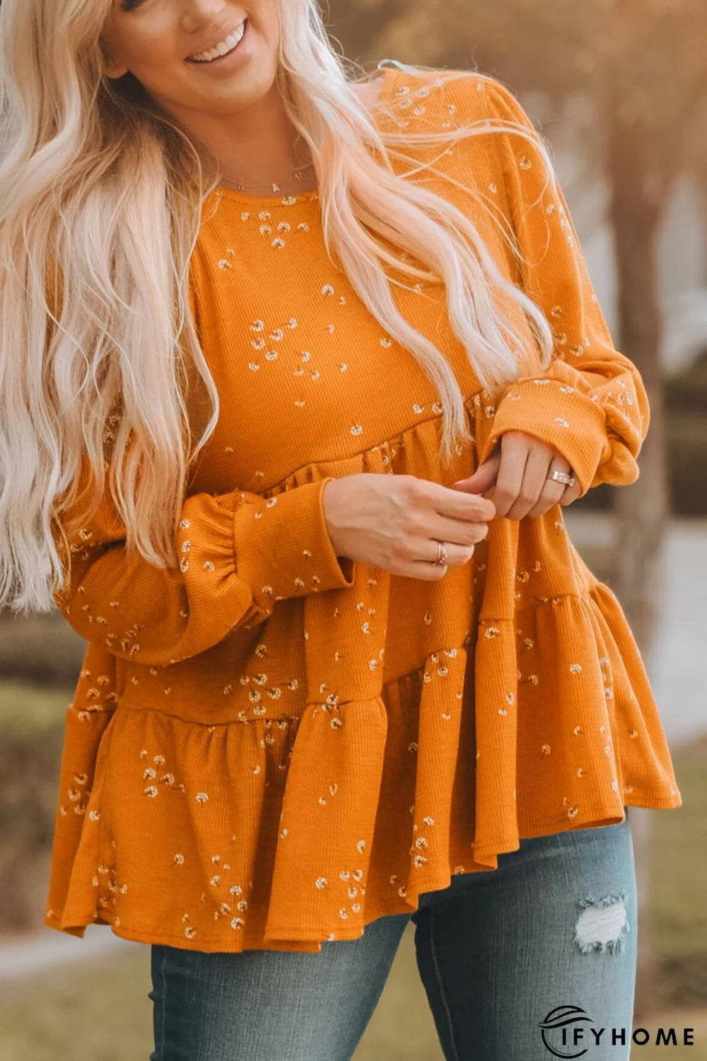 Floral Print Ruffle Long Sleeve Tunic Top | IFYHOME