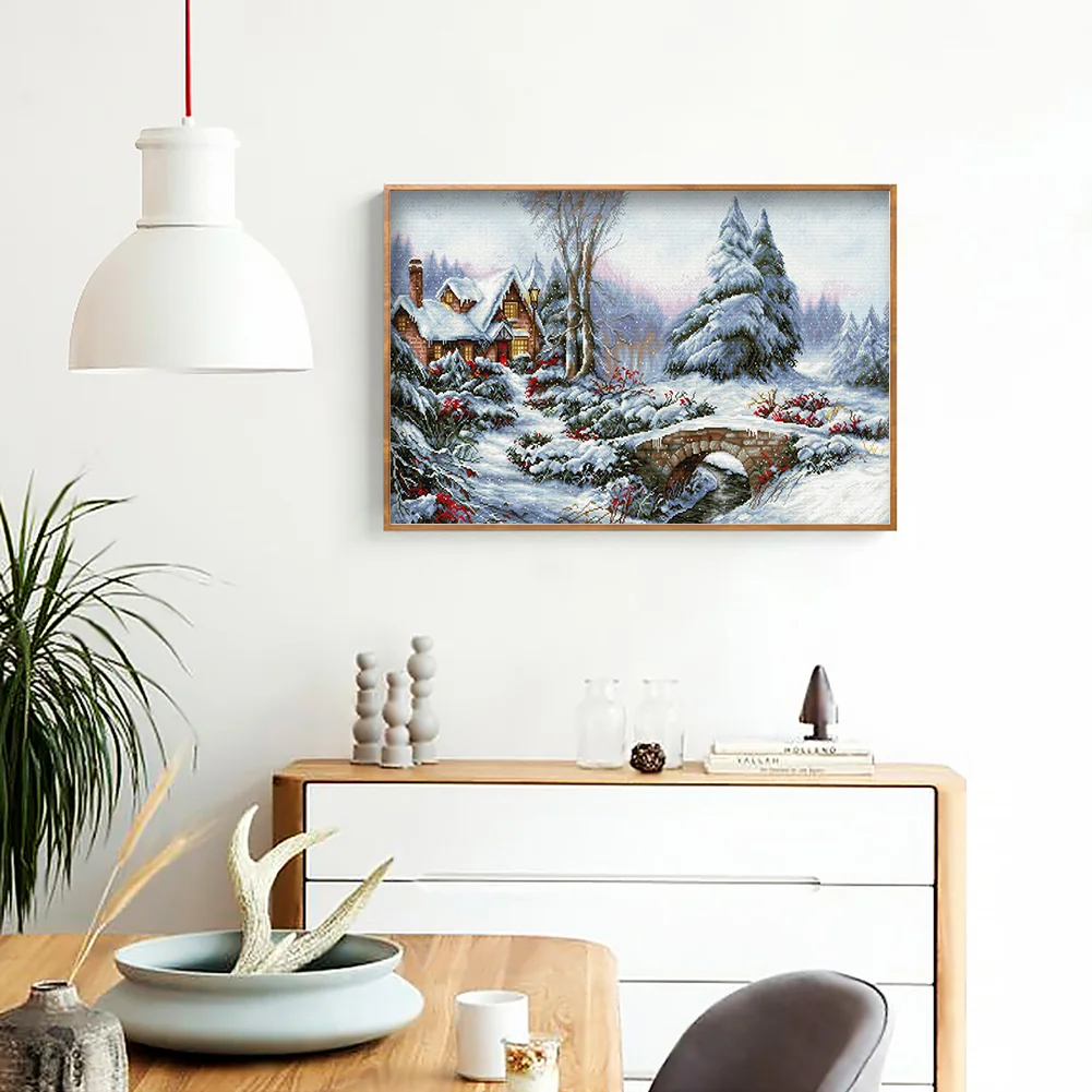 14CT Full Stamped Cross Stitch - Snow Scene(Canvas|30*50CM)