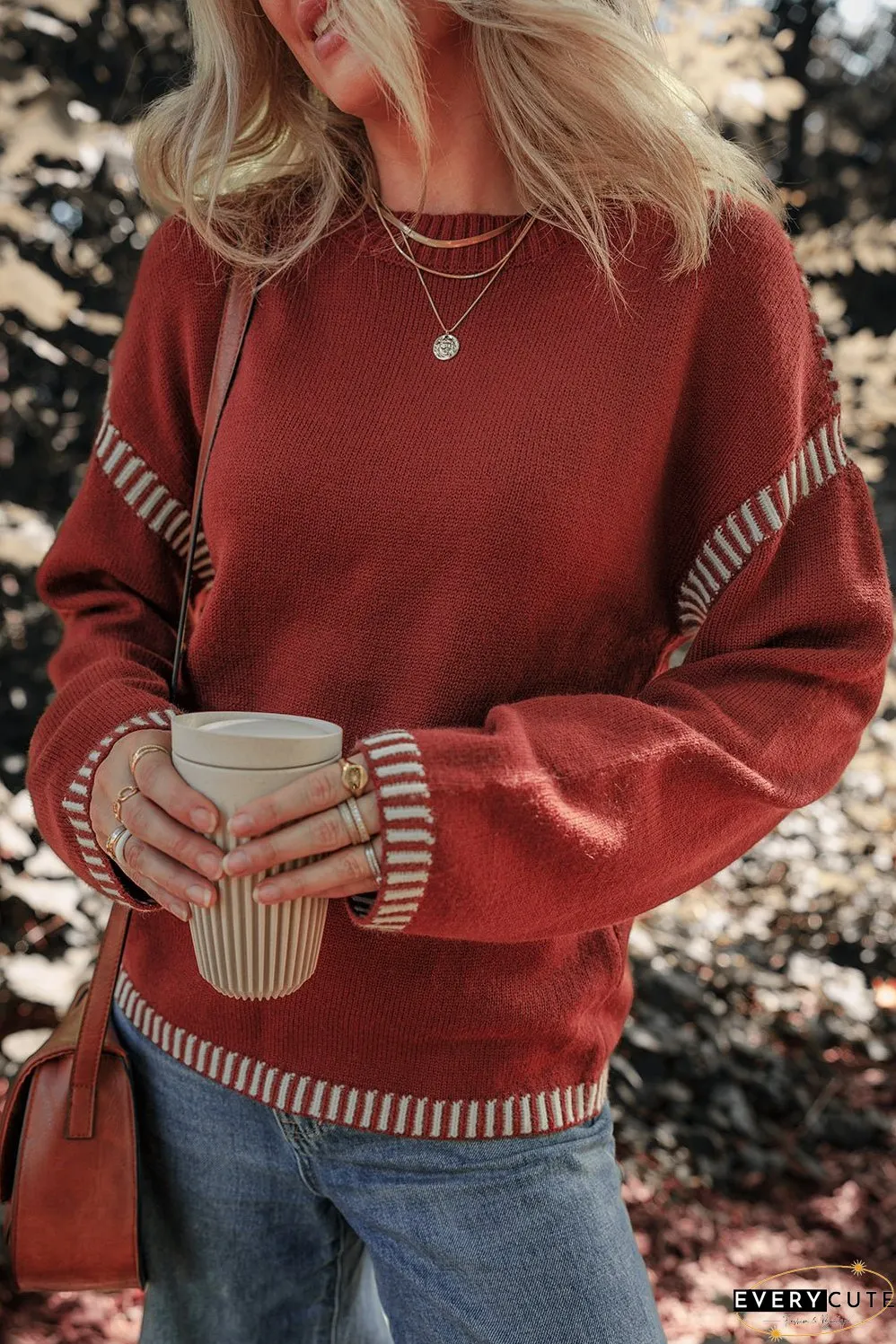 Red Dahlia Color Contrast Trim Drop Shoulder Crew Neck Sweater