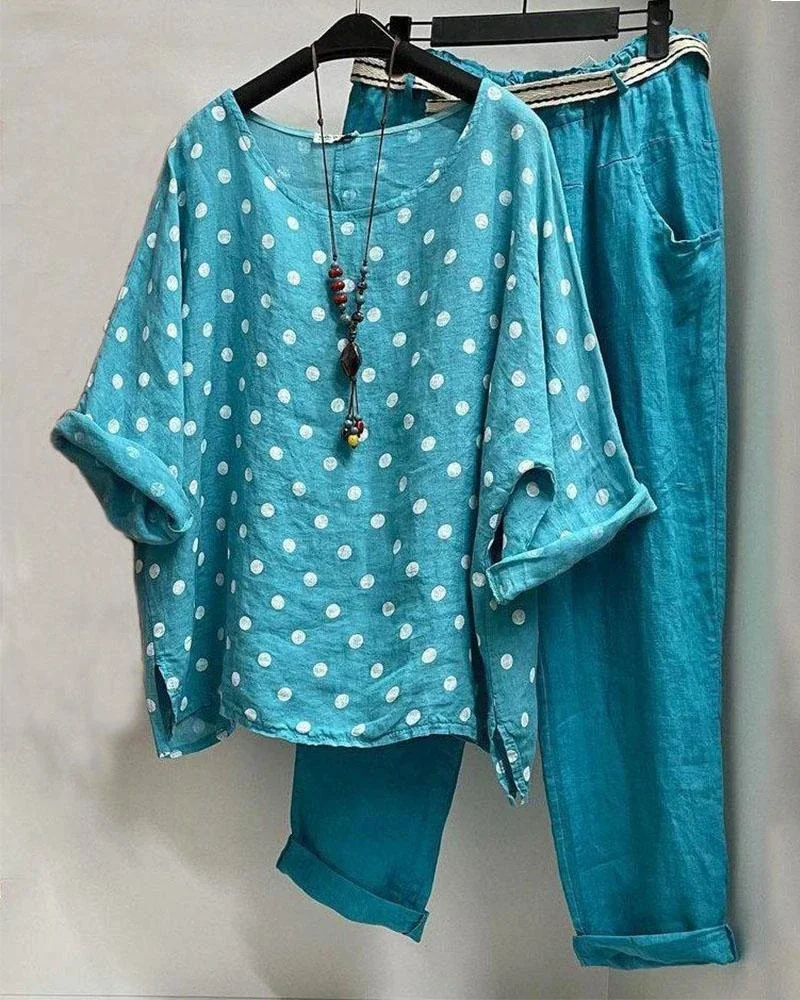 AUTUMN ROUND NECK POLKA DOT SHORT SLEEVE TWO-PIECE SUIT